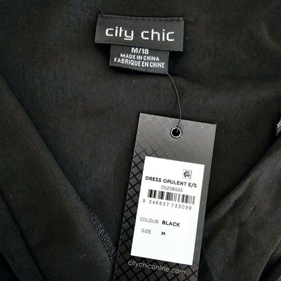 New! City Chic Opulent Faux Wrap Elbow Sleeve Black Midi Dress - Picture 13 of 15